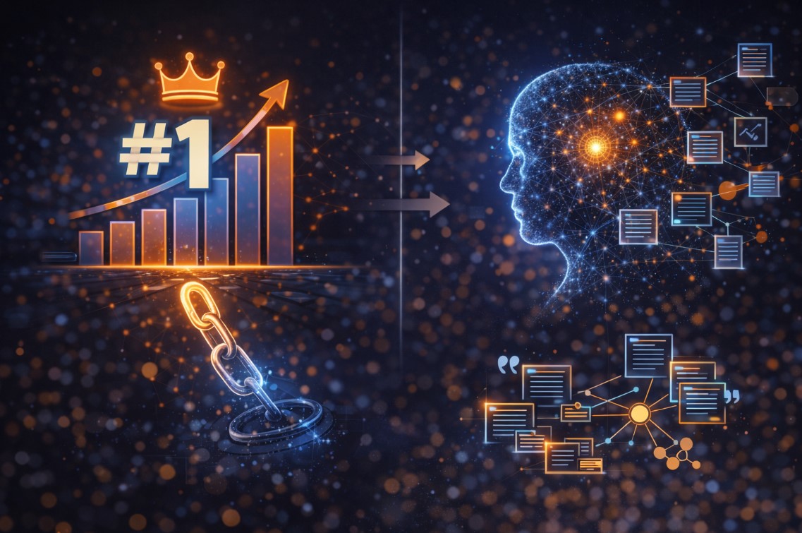 Vizuelni prikaz prelaska sa tradicionalnog SEO rangiranja na citiranost i entitetski autoritet u AI sistemima.