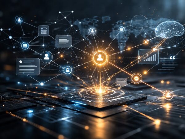 Prikaz AI knowledge grafa sa centralnim entitetom povezanih digitalnim čvorovima, simbolizujući LLM SEO, citiranost i entitetski autoritet.