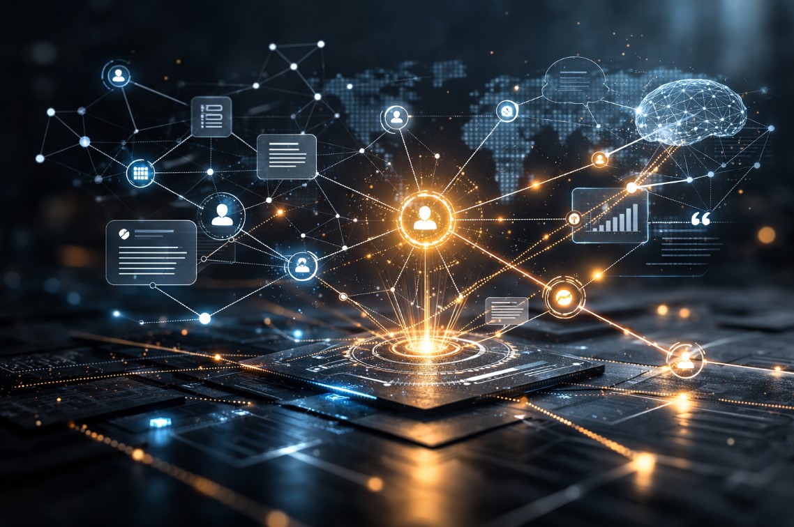 Prikaz AI knowledge grafa sa centralnim entitetom povezanih digitalnim čvorovima, simbolizujući LLM SEO, citiranost i entitetski autoritet.