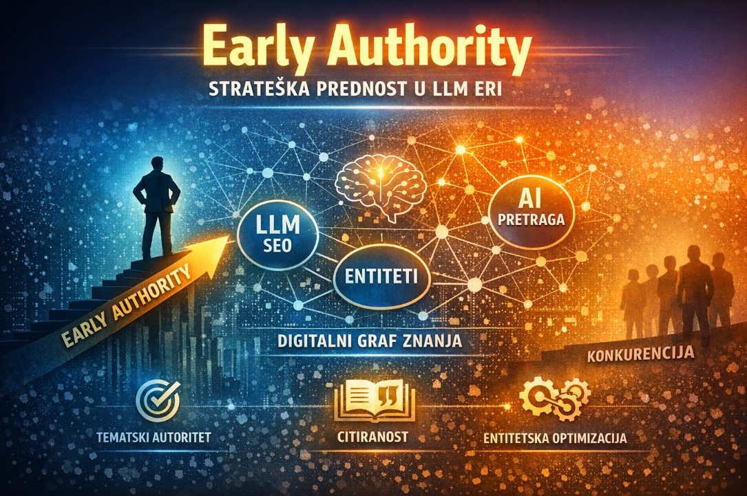 Ilustracija futurističkog digitalnog grafa znanja u LLM eri, sa istaknutim pojmovima LLM SEO, entiteti, AI pretraga i early authority, gde figura stoji na uzdignutoj platformi ispred konkurencije, simbolizujući stratešku prednost kroz entitetsku optimizaciju i citiranost.