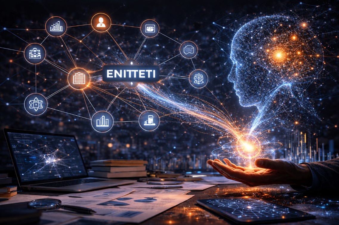 Futuristička vizualizacija AI mreže u kojoj centralni entitet povezuje različite digitalne čvorove, dok wireframe ljudska glava simbolizuje način na koji modeli razumeju odnose između entiteta.