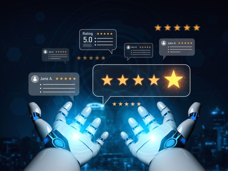 Ilustracija robotskih ruku koje drže prikaz ocena sa pet zvezdica i korisničkih recenzija, simbolizujući reputaciju, poverenje i evaluaciju u digitalnom i AI okruženju.