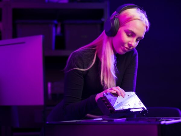 Devojka sastavlja gaming računar uz RGB osvetljenje i slušalice