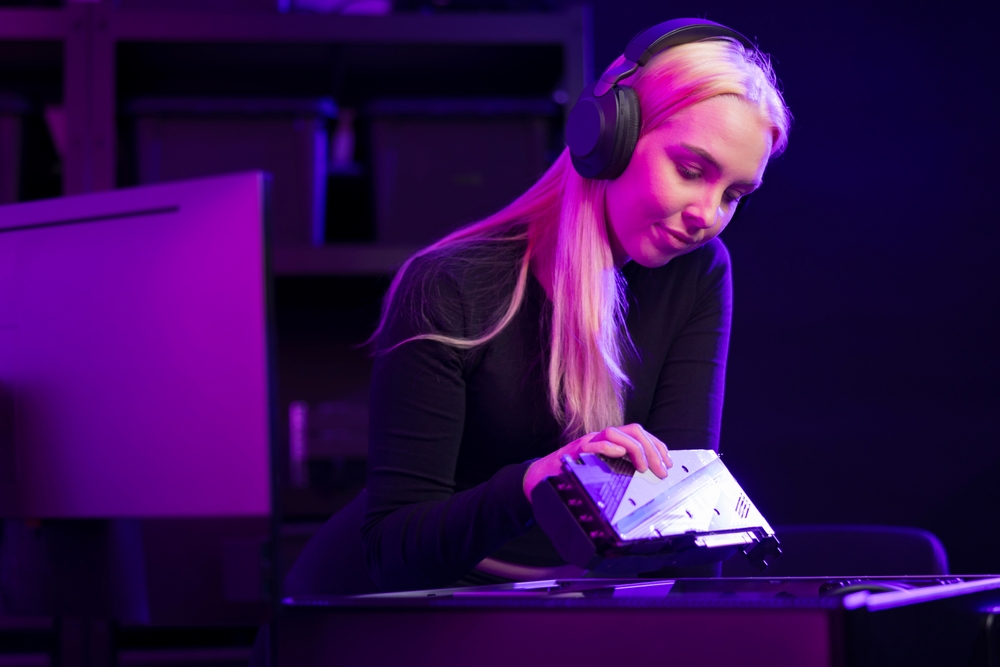 Devojka sastavlja gaming računar uz RGB osvetljenje i slušalice